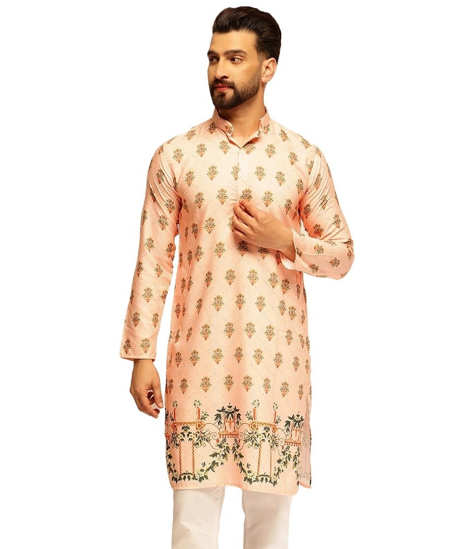 Sojanya (Since 1958 Men's Cotton Daman Print Peach Long Kurta With Krochet Embroidery