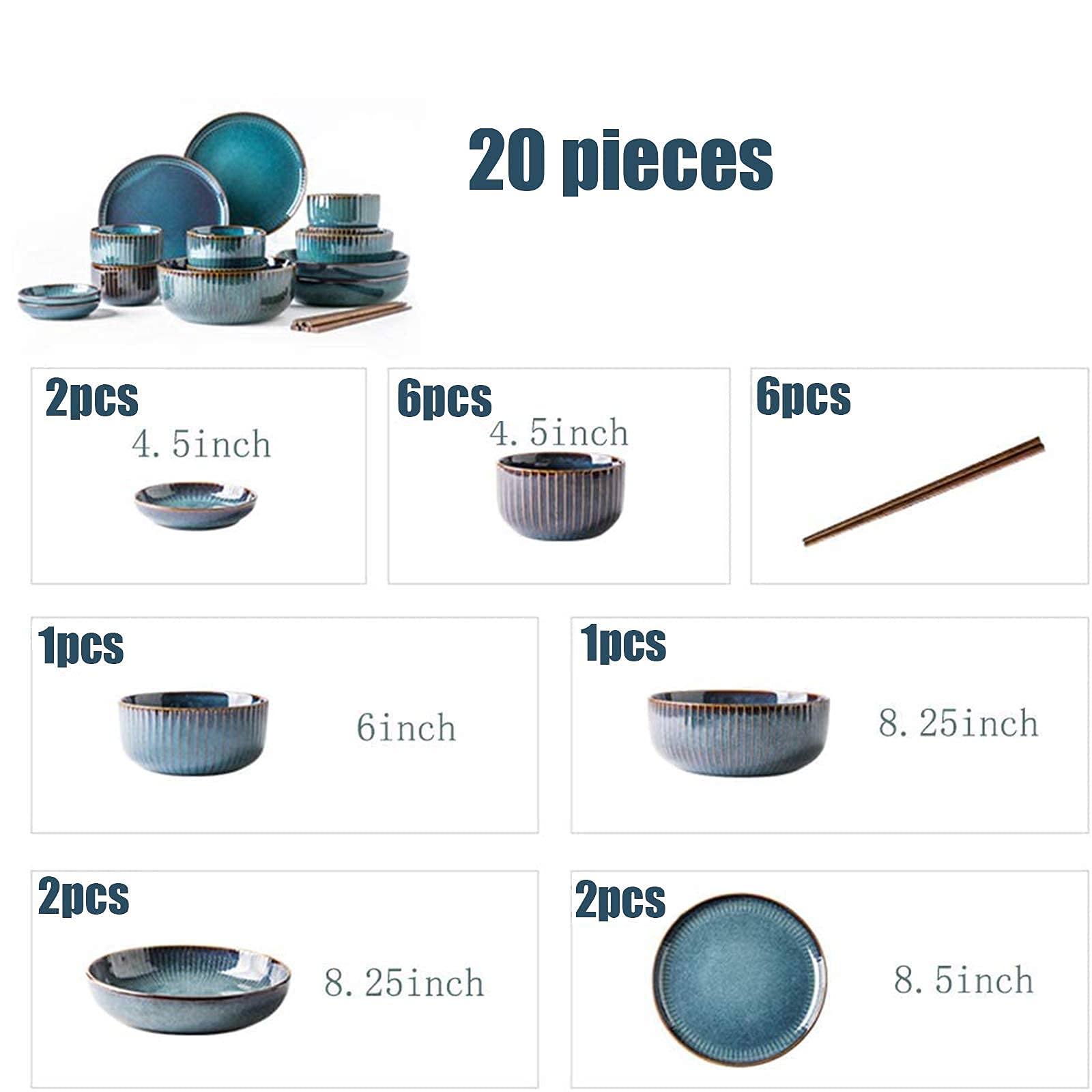 Juego de vajilla de cerámica Retro para Restaurante, Color índigo, Incluye Plato y Cuenco, Ideal para ensaladas de Frutas y Aperitivos, 28 Piezas.