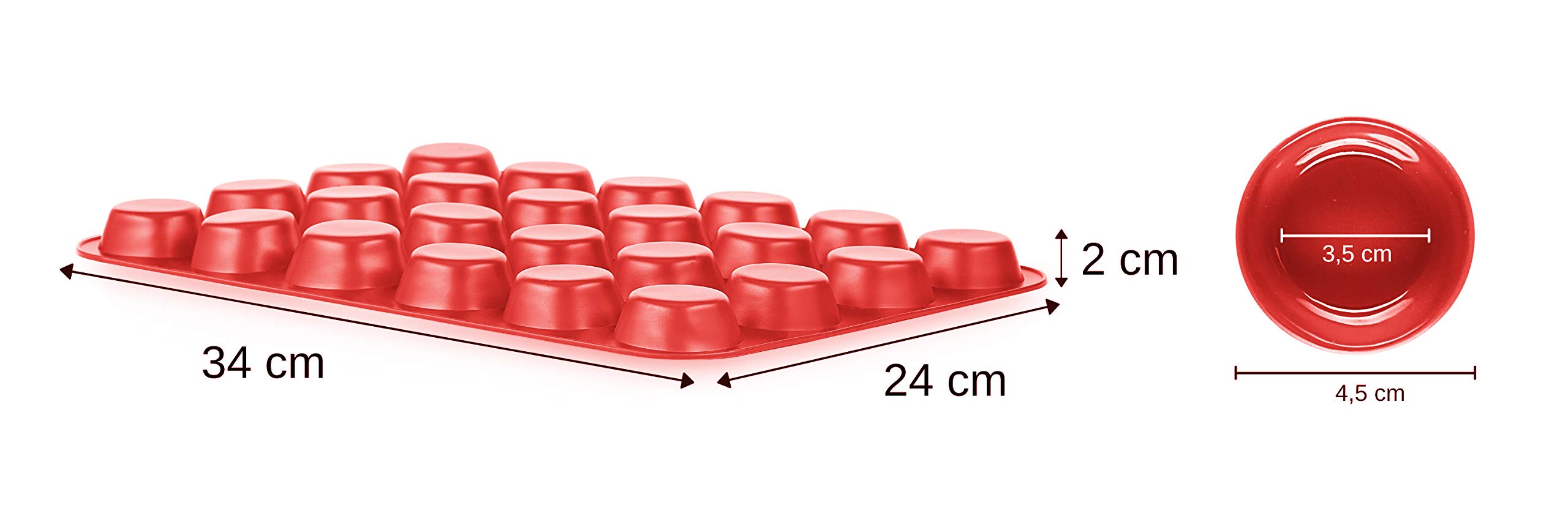 Molde para Mini Magdalenas, Silicona, 34 x 24 x 2 cm, 24 Panecillos, Recubrimiento Antiadherente, Cupcake Brownie Budín Latta de Mollete Muffin Bandeja para Hornear Panecillos Rojo