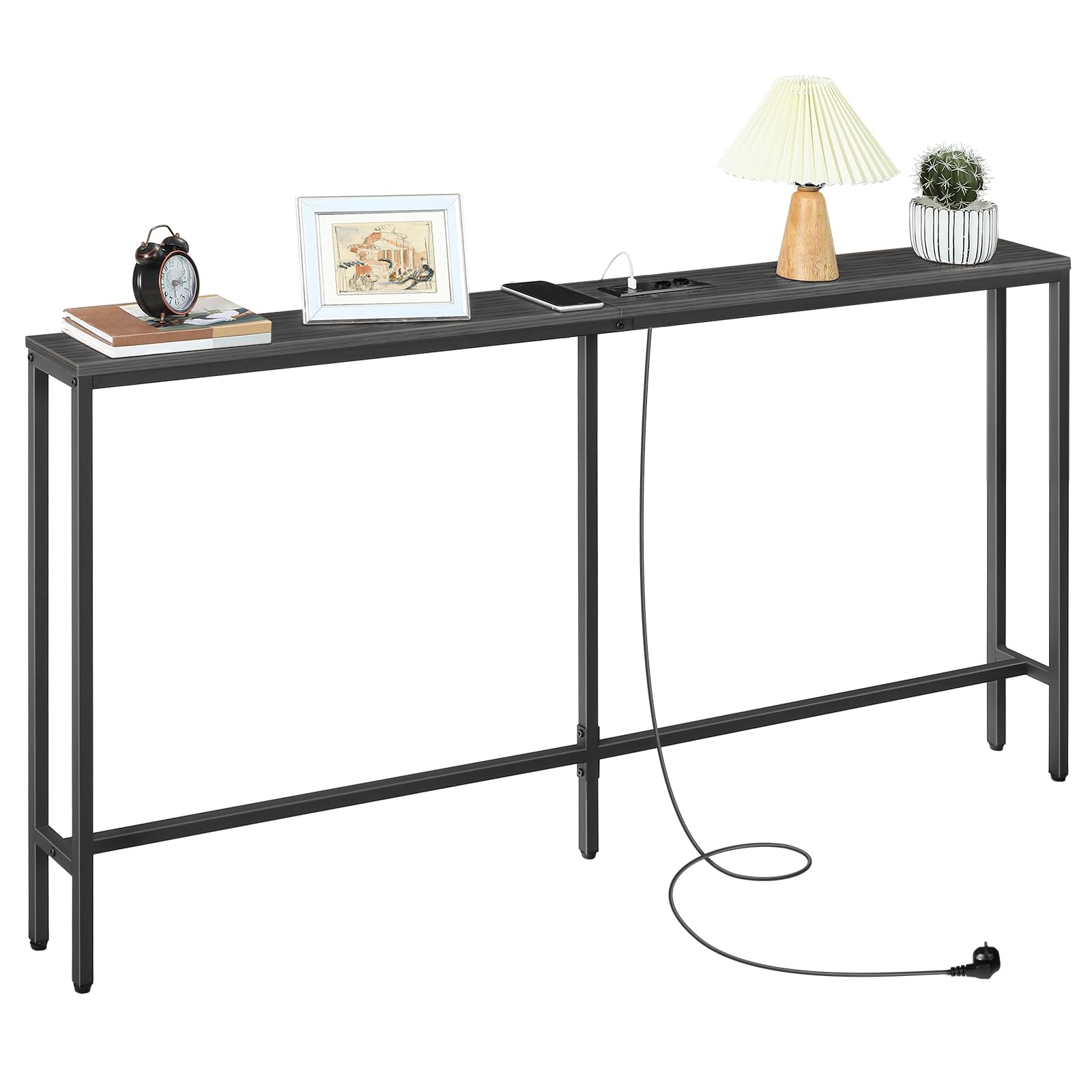 MAHANCRIS Mesa Consola Delgada con Estación de Carga, Mesa Auxiliar de 160 cm, Mesa de Pasillo Detrás de Dofá, Mesa Expositora para Sofá, Pasillo, Sala de Estar, Negro ACTBK165UE01