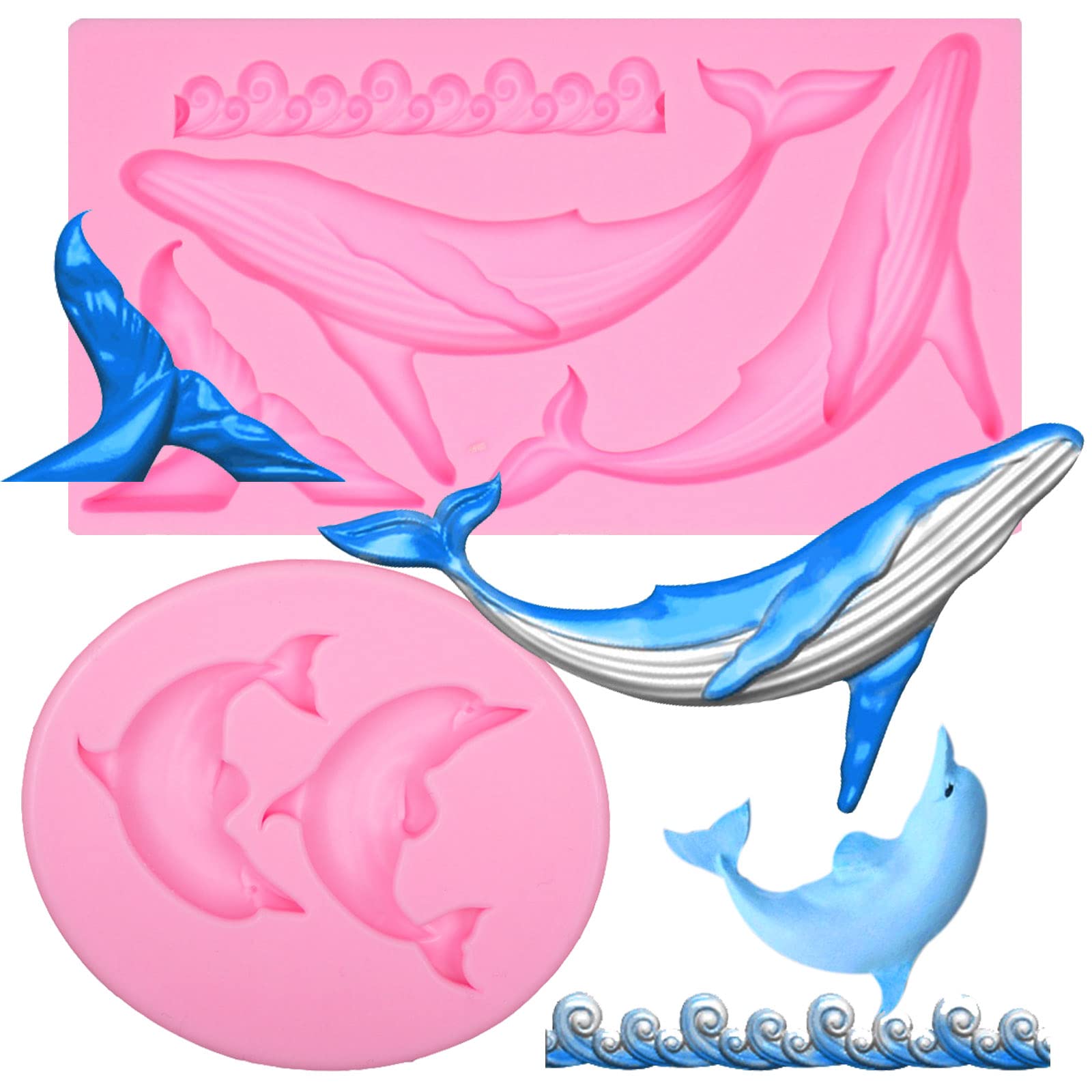 Silikon-Fondantformen mit Wal- und Delfinmotiv (2 Stück), Schokoladenformen mit Meereswellen- und Fischschwanzmotiven für Tortendekoration, Cupcake-Topper, Süßigkeiten, Rosa-TP271