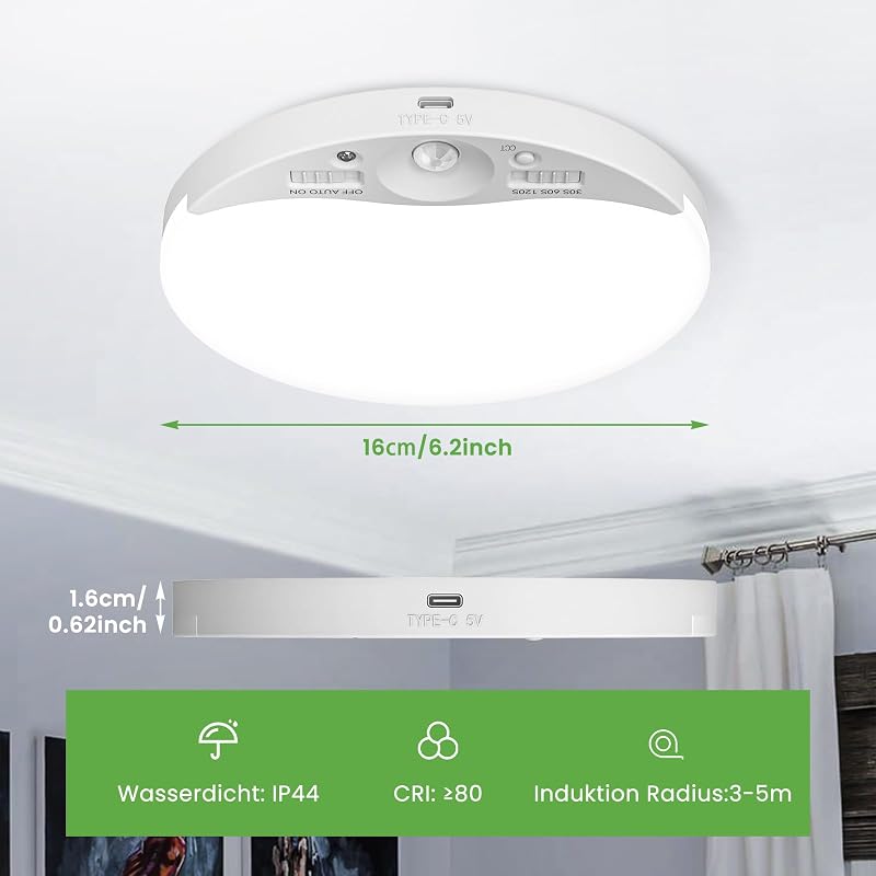 zemty Akkumulátoros Mennyezeti Lámpa Mozgásérzékelővel - 16 cm Kerek LED Lámpatest, 3 Színhőmérséklet, Tölthető, Vezeték Nélküli, Fürdőszobá