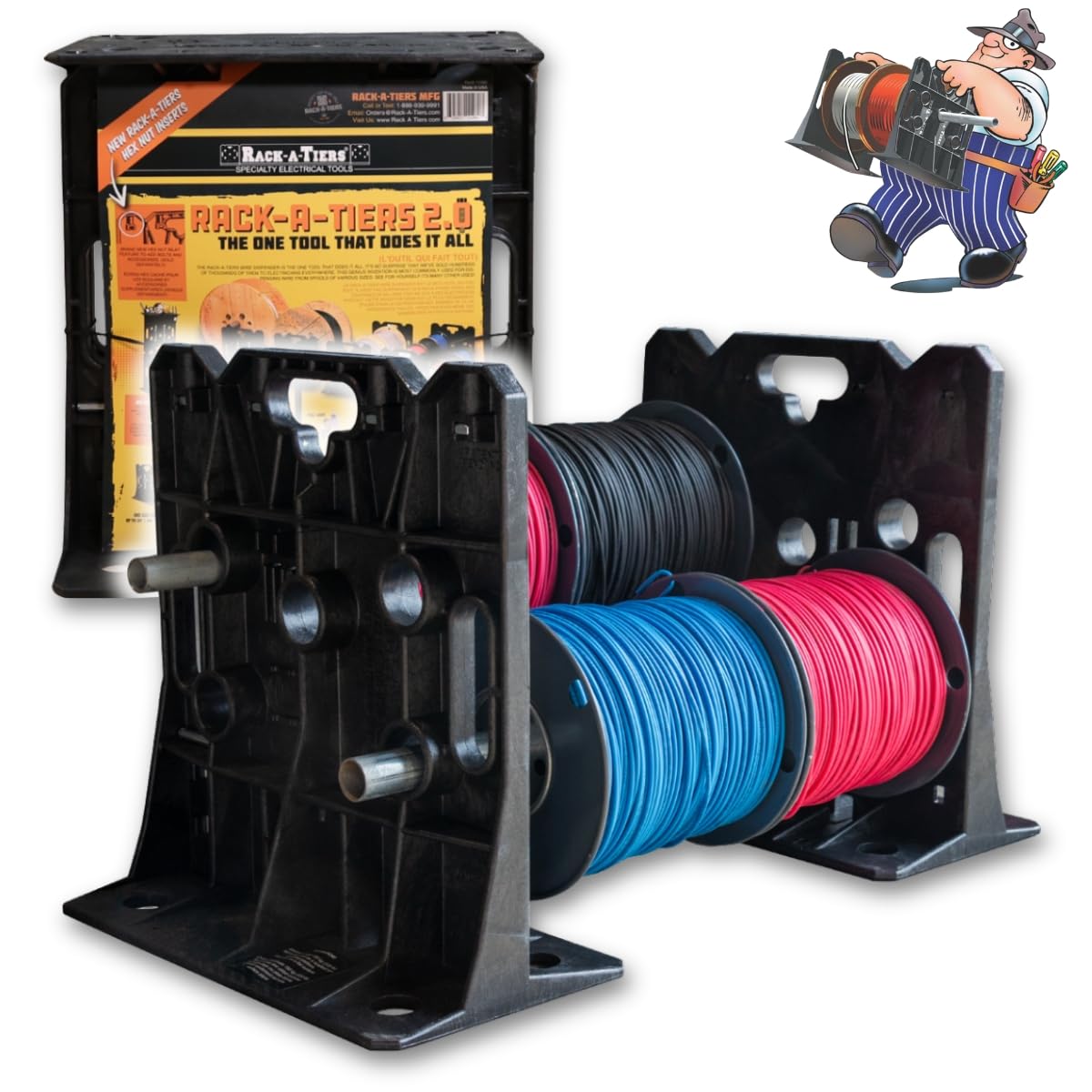 Rack-A-Tiers Dispensador de cables multiusos 2.0, estante de alambre eléctrico, organizador de carrete de alambre (11480)