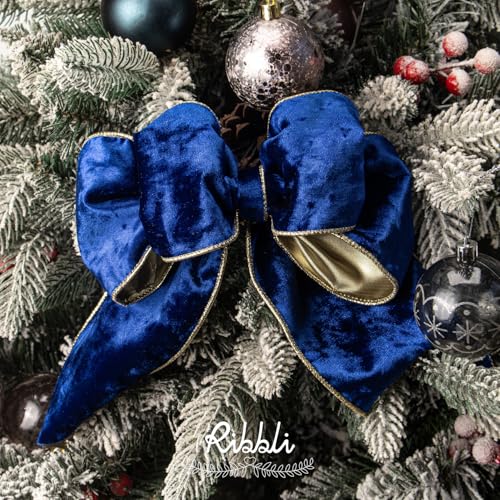 Image of Ribbli Royal Blue Velvet Wired Ribbon 4 Inch Metallic Blue Gold Crushed Velvet Christmas Ribbon for Gift Wrapping Christmas Tree Decoration Crafts Wreaths Supplies-Continuous 10 Yards