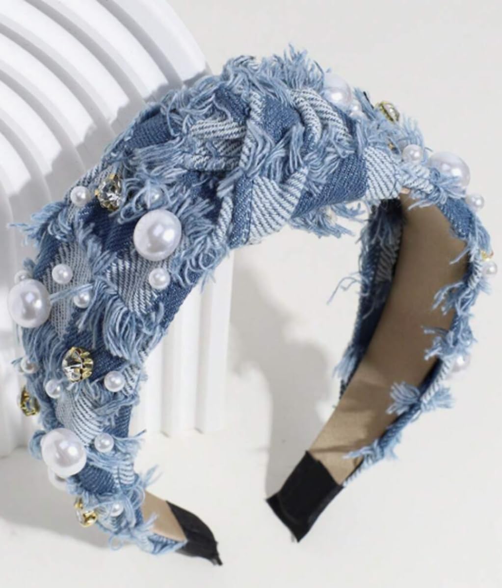 Huachi Headbands for Women Non Slip Trendy Denim Knotted Headbands for Women’s Hair, Cute Pearl Headband for Girls Vintage Fashion Accessories