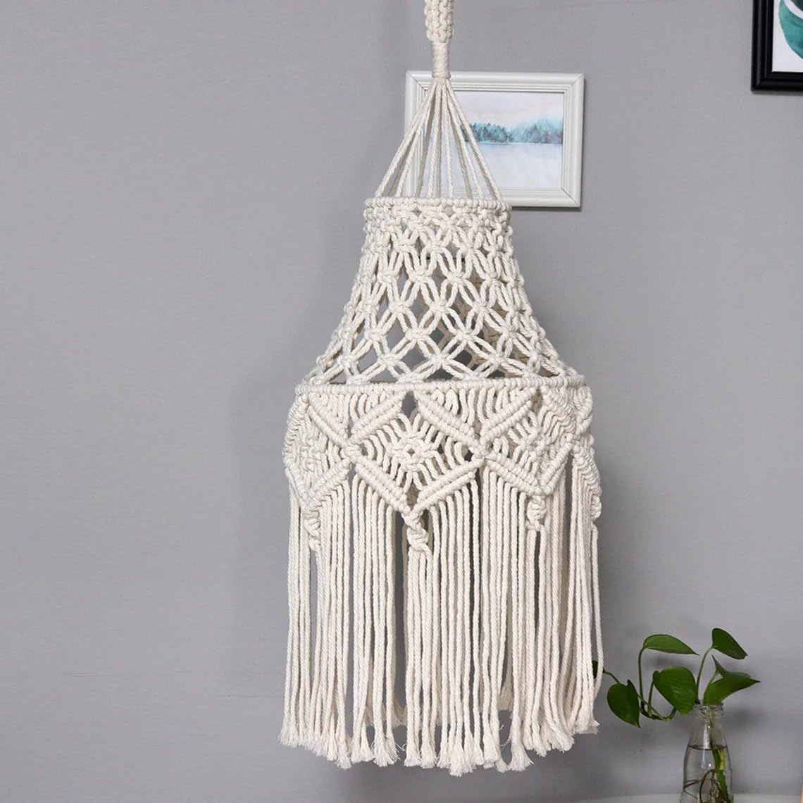 ACN Kohinoor | Cotton Macrame Handmade Chandelier, Boho Unique Lighting Lamp Shade Ceiling, Roof Hanging Jhumar Handcrafted by Indian Artisans for Living Bed Guest Room Gifting, Off-White, Style 03
