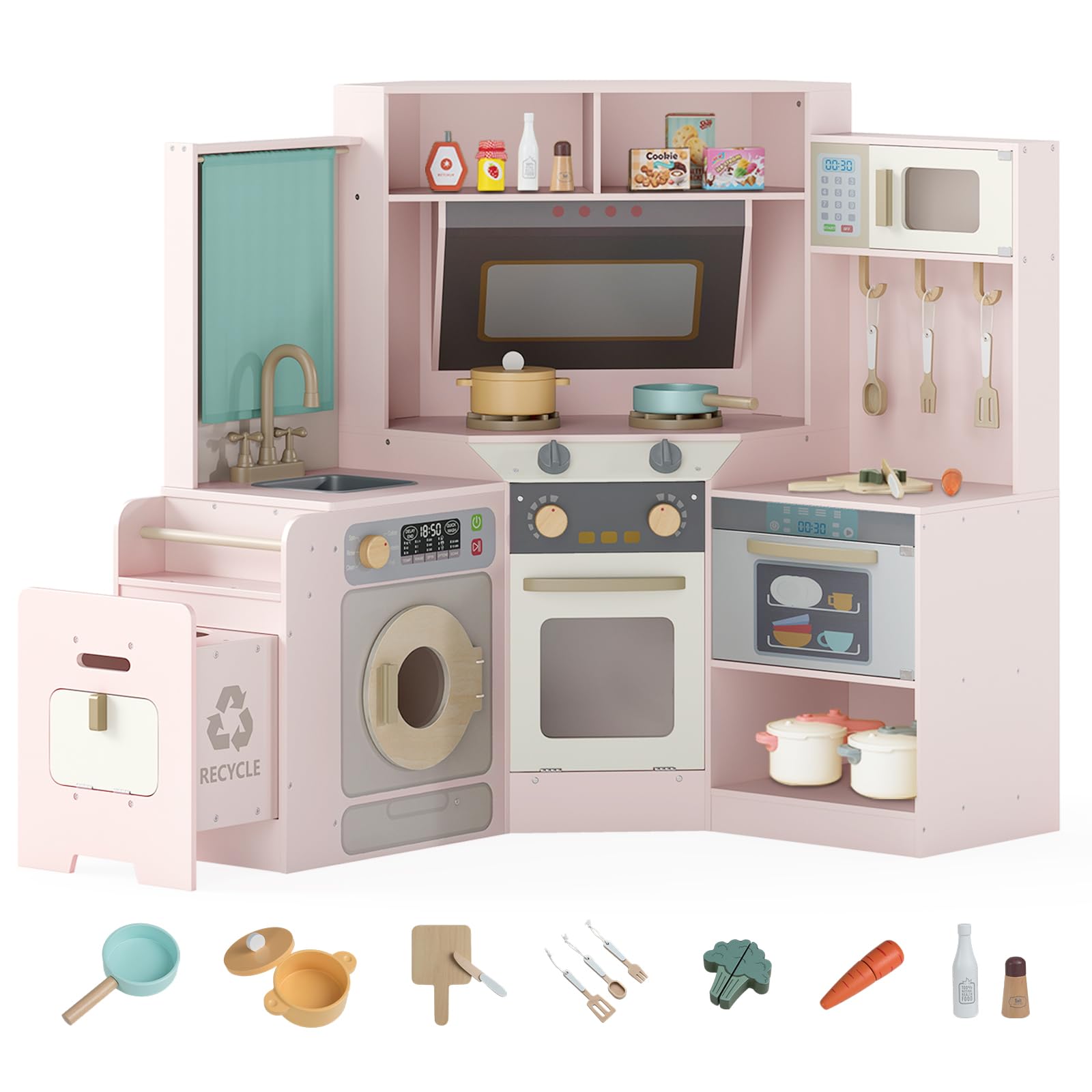 GOPLUS Cocina de Juguete de Esquina, Cocinita Infantil de Madera con Cubo de Basura Extraíble, Fregadero, Fogones, Microondas, Horno, Lavadora, Luces y Sonidos para Niños de 3+ Años (Rosa)
