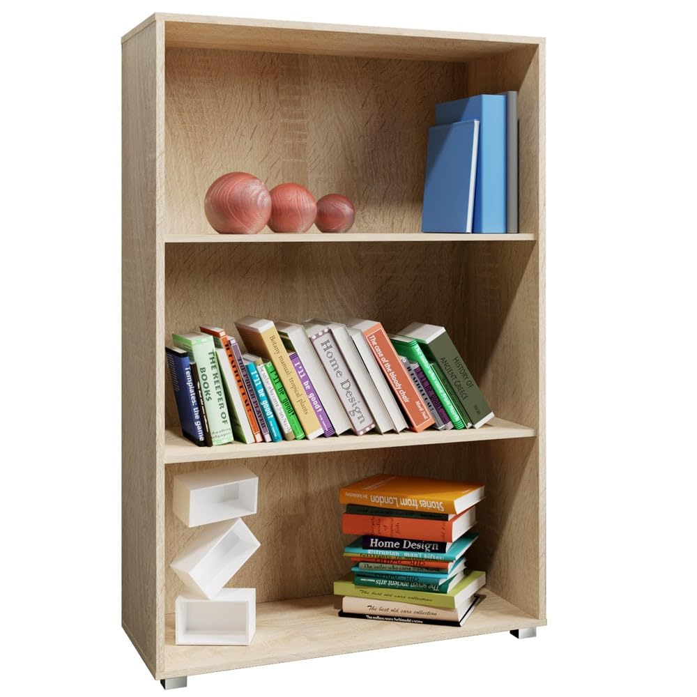 – Vela Bookcase | 3 Compartments Bookshelf | Wooden Storage Rack | Modern Shelving Bookcase | Books Stand Shelf | Any Room Office | 115x60x31cm | Oak