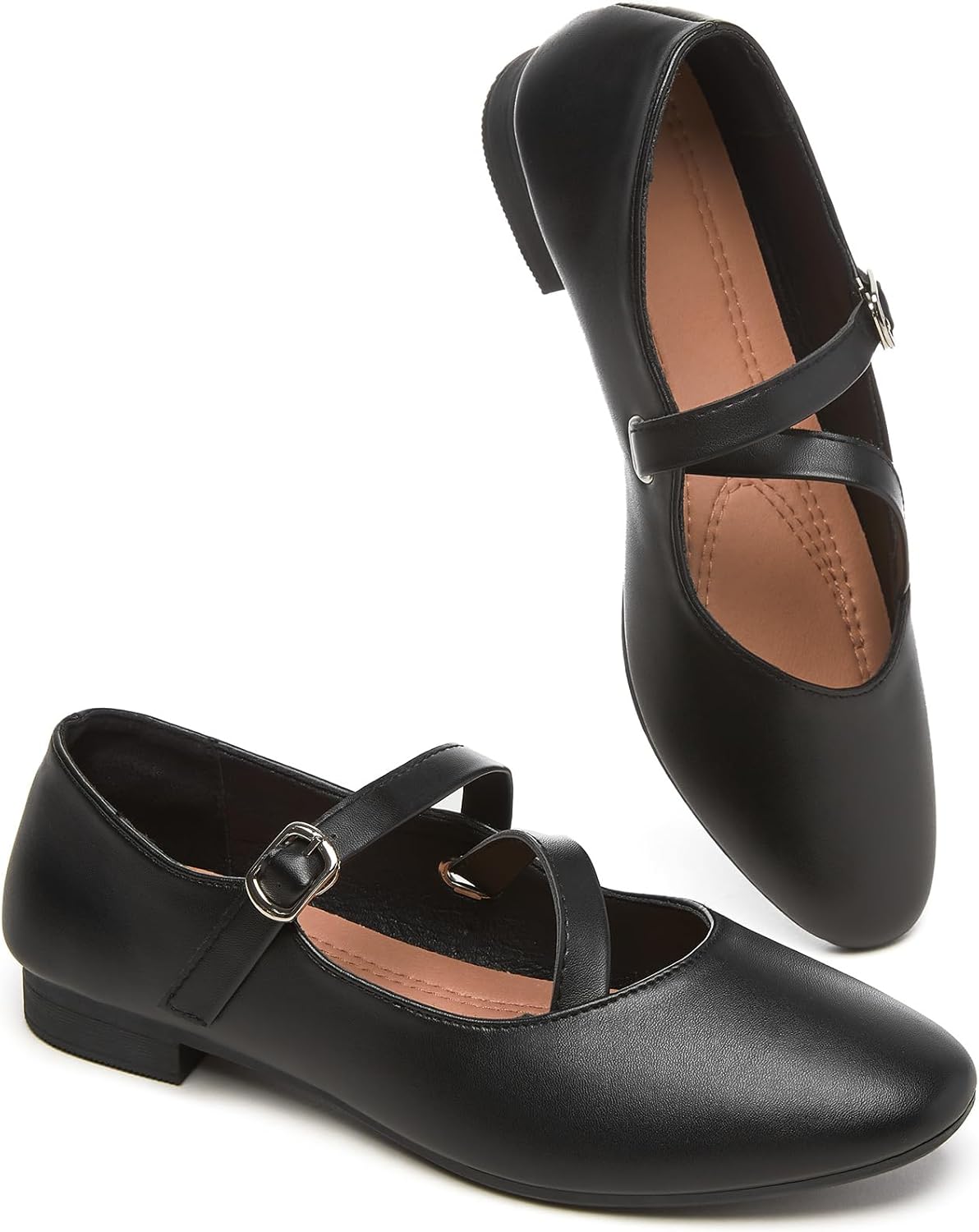 Womens Mary Janes Flats Shoes with Cross Strap,Soft Memory Foam Ballet Flats for Women,Black and White Dress Shoes