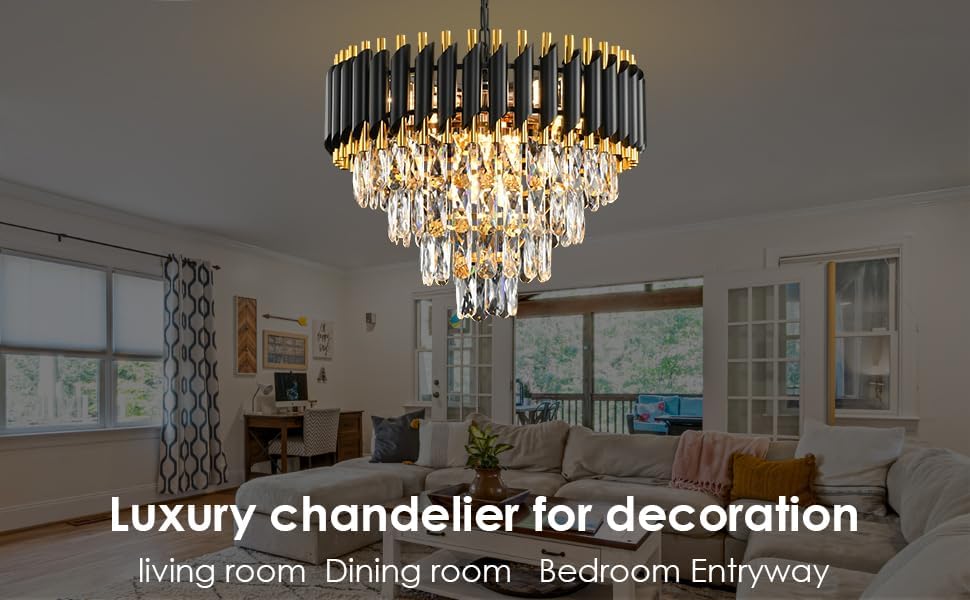 Image of Crown Lighting Crystal Jhumar in, Round Shaped Gold Finished Pandent /Hanging Chandelier Celling Light with Free Bulb Included (Medium) (Round-Black-Gold, 500MM)