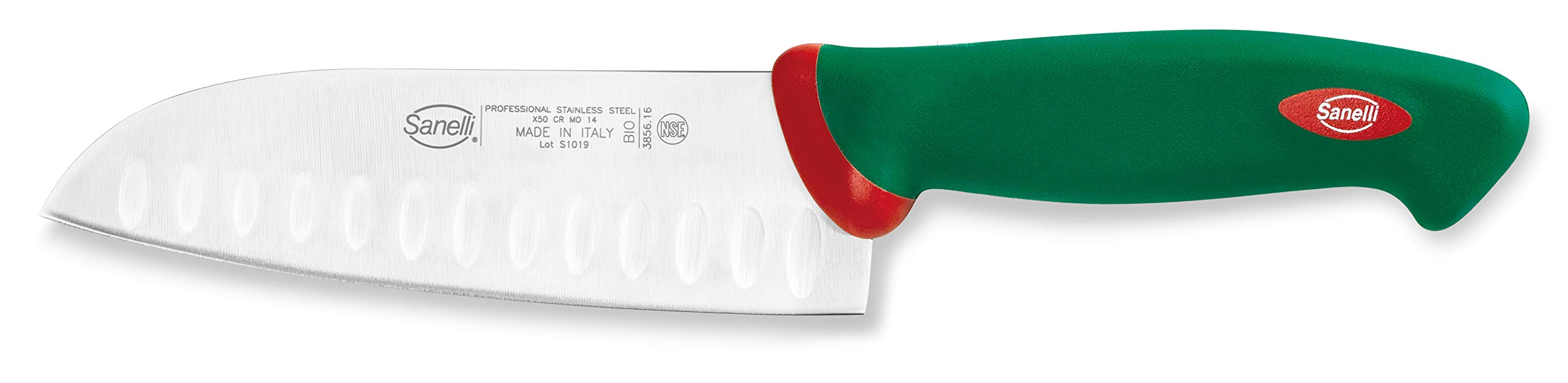 Sanelli 909604 Confezione Coltelli Chef 4 Pezzi & Premana Professional Coltello Santoku Olivato, Acciaio Inossidabile, Verde/Rosso