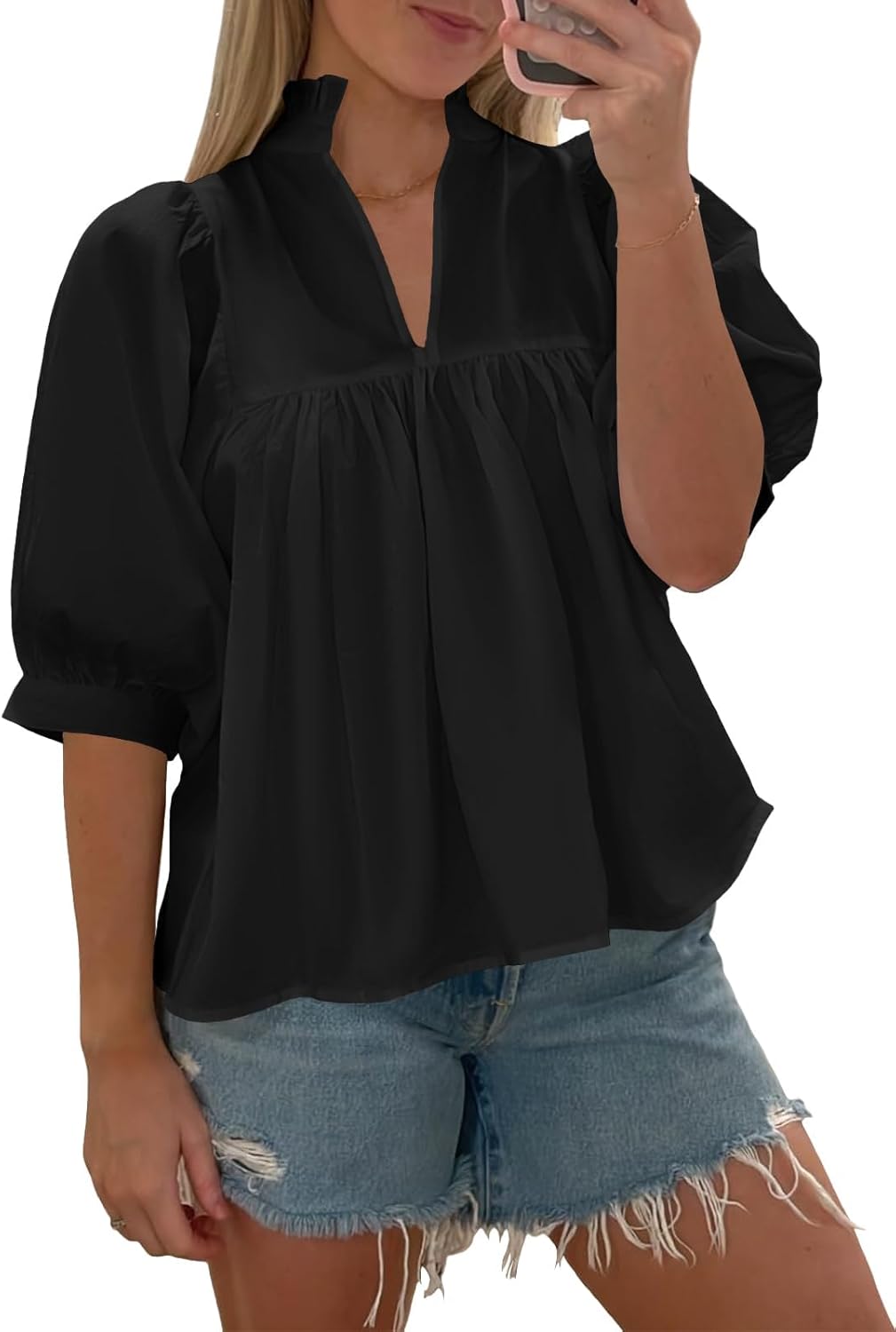 LAYOGAS Women Puff Sleeve Babydoll Peplum Tops V-Neck Pleated Blouse Casual Loose Fit Shirts - Image 5