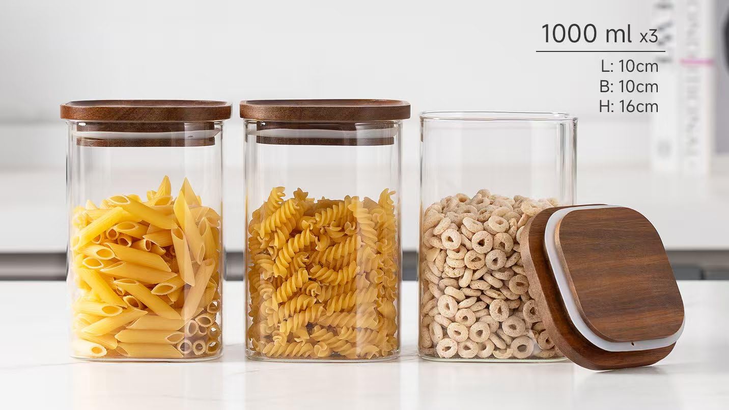 QuaLife Set de 3 tarros de almacenamiento (1000 ml) con tapa de madera - Recipientes herméticos de vidrio de borosilicato - Tarros de vidrio apilables - Almacenamiento cuadrado para espaguetis muesli