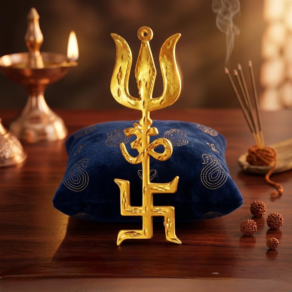 Gold Metal Brass Swastik Om Trishul Trishakti Yantra Wall Hanging for Door Entrance | Vastu Dosh Remedy | Spiritual Home Decor for Living, Pooja Room | Good Luck & Positive Energy Gift (1, 10 * 3 Cm)-image-40