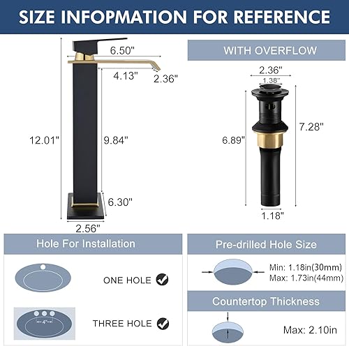 Miniatura 6 de Borlon Grifo de baño alto en cascada para 1 agujero, grifo de baño de una sola manija negro y dorado para fregadero de recipiente, moderno grifo de