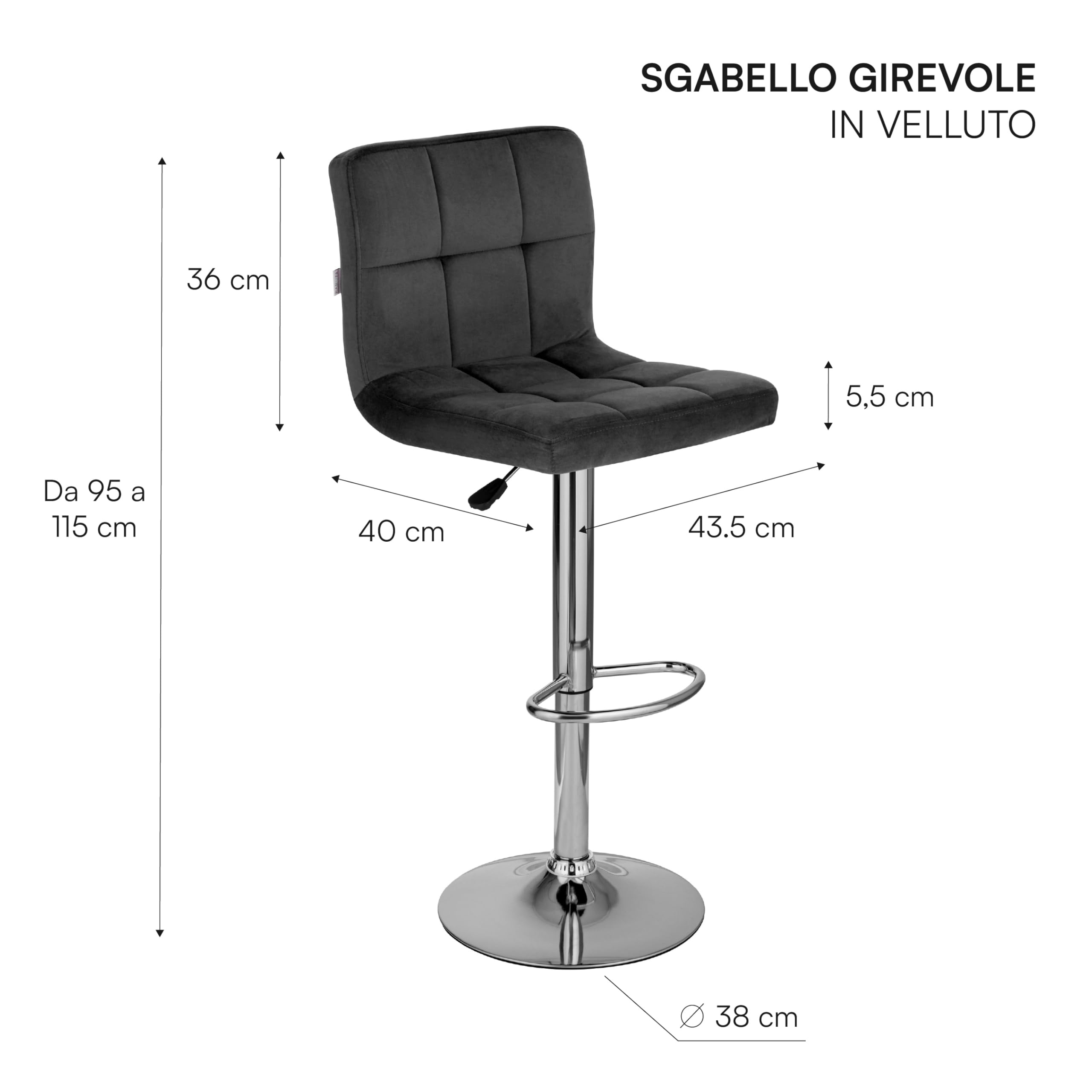 Baroni Home Sgabello da Bar o Cucina in Tessuto Imbottito, Regolabile e Girevole a 360°, con Schienale e Poggiapiedi, Struttura in Acciaio Cromato, 1 Pezzo, Nero Velluto