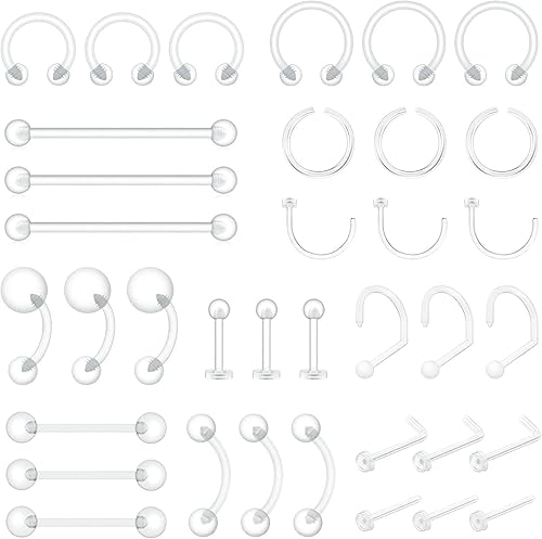 36 piezas de retenedores de piercing transparentes de plástico Bioflex para pezón, lengua, nariz, tabique, ceja, ombligo, aretes, tragus, hélice,