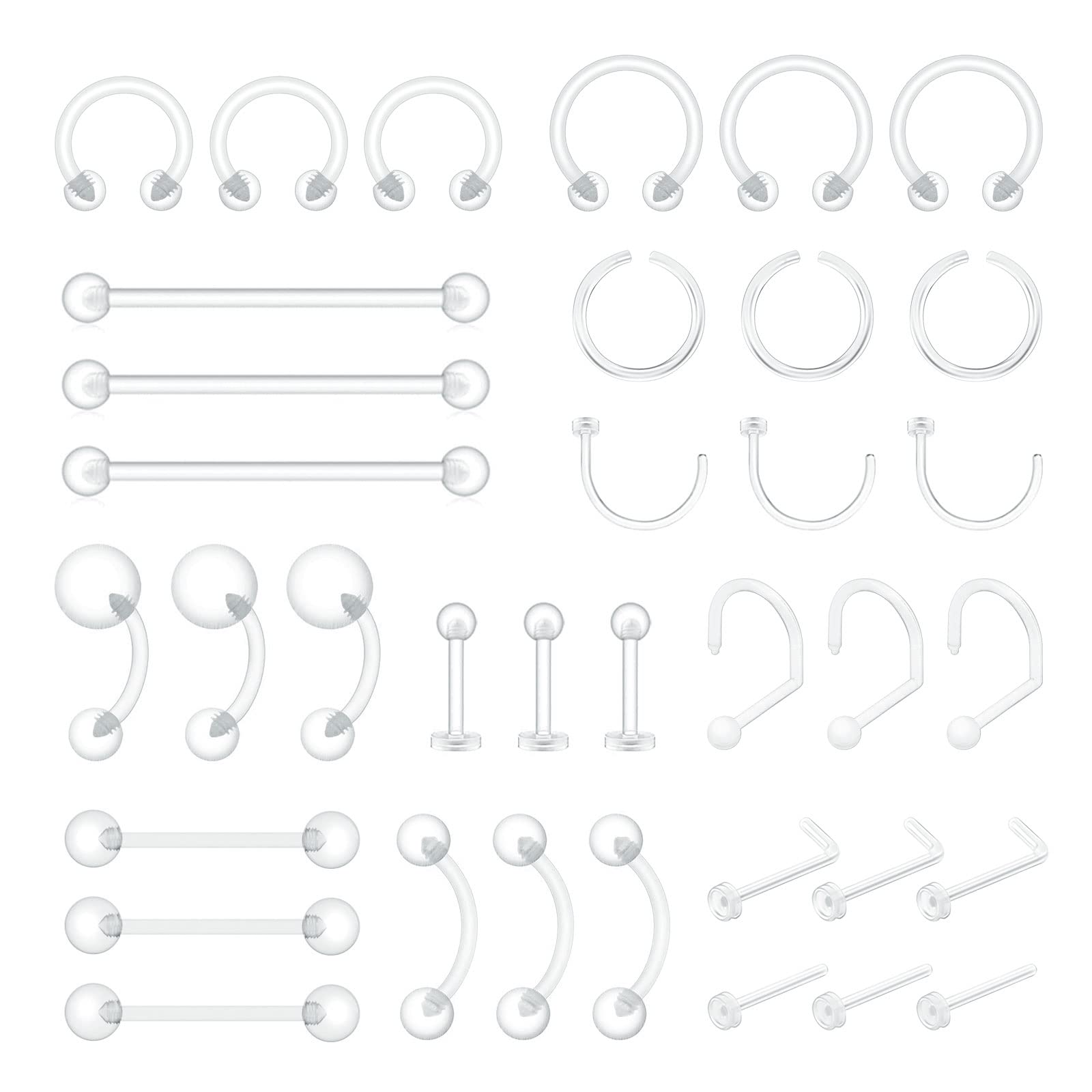36pcs Clear Piercing Retainers Bioflex Plastic Jewelry for Nipple Tongue Nose Septum Eyebrow Belly Earrings Tragus Helix Cartilage Industrial Lip Labret Rings Studs For Surgery Mri