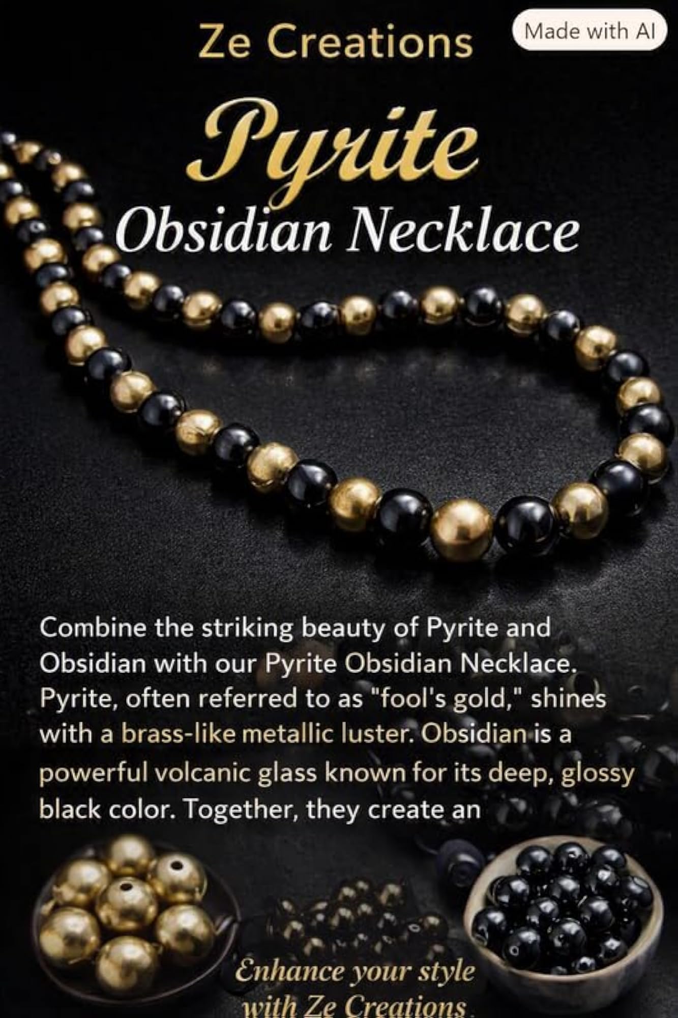 Handmade Black Obsidian & Golden Pyrite Necklace