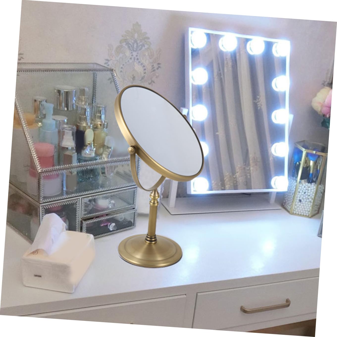 POPETPOP Espejo de Escritorio Doble Cara Aumento 7X 8 Pulgadas Marco de Metal Resistente Base Antideslizante para Mujeres Maquillaje y Cuidado Personal