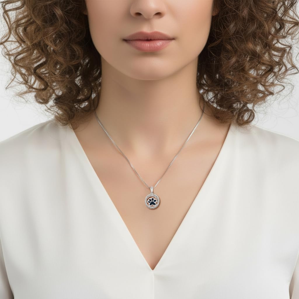Jewelili Sterling Silver Dancing Dog Paw Pendant Necklace for Women | Treated Black or Blue & Natural White Round Diamonds | 18" Box Chain | Luxury Jewelry| Gift Box Included
