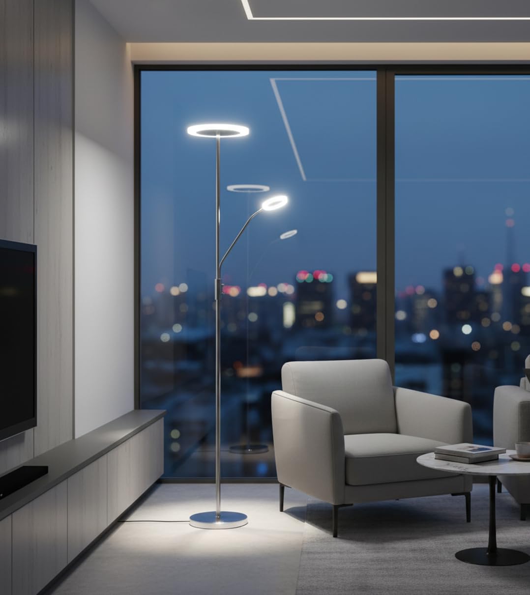 BEL AIR HOME - Lámpara de Pie de Salón Led 26W+6W con Dimmer, BAYANI 3000K 4000K 6500K, Diseño Moderno en Metal, Protección Ocular y Altura de 179cm (PLATA)