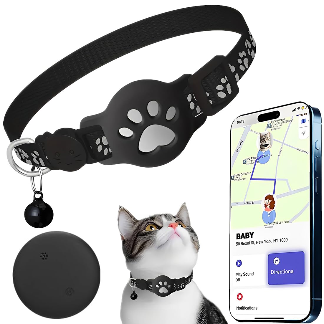 Collar para Gatos, Collar Multifuncional con AirTag para localizar Animales, con Cierre de Seguridad y Correa de Goma, con GPS (Negro)