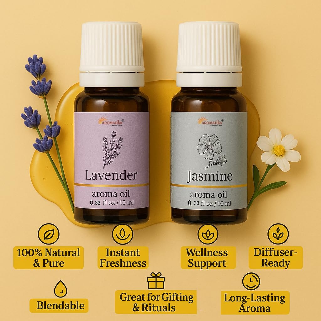 AROMATIKA Aroma Oils, Lavender & Jasmine Essential Fragrance Oil 10 ml for Home Fragrance, Diffuser, Burner for Home, Office & Hotel (Pack of 2) 1