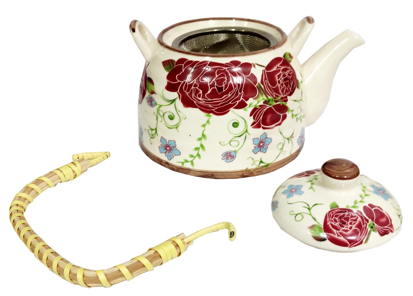 Purpledip Ceramic Kettle 'Rose Bouquet': 500 ml Tea Coffee Pot, Steel Strainer Included, Multicolor (11220) 2