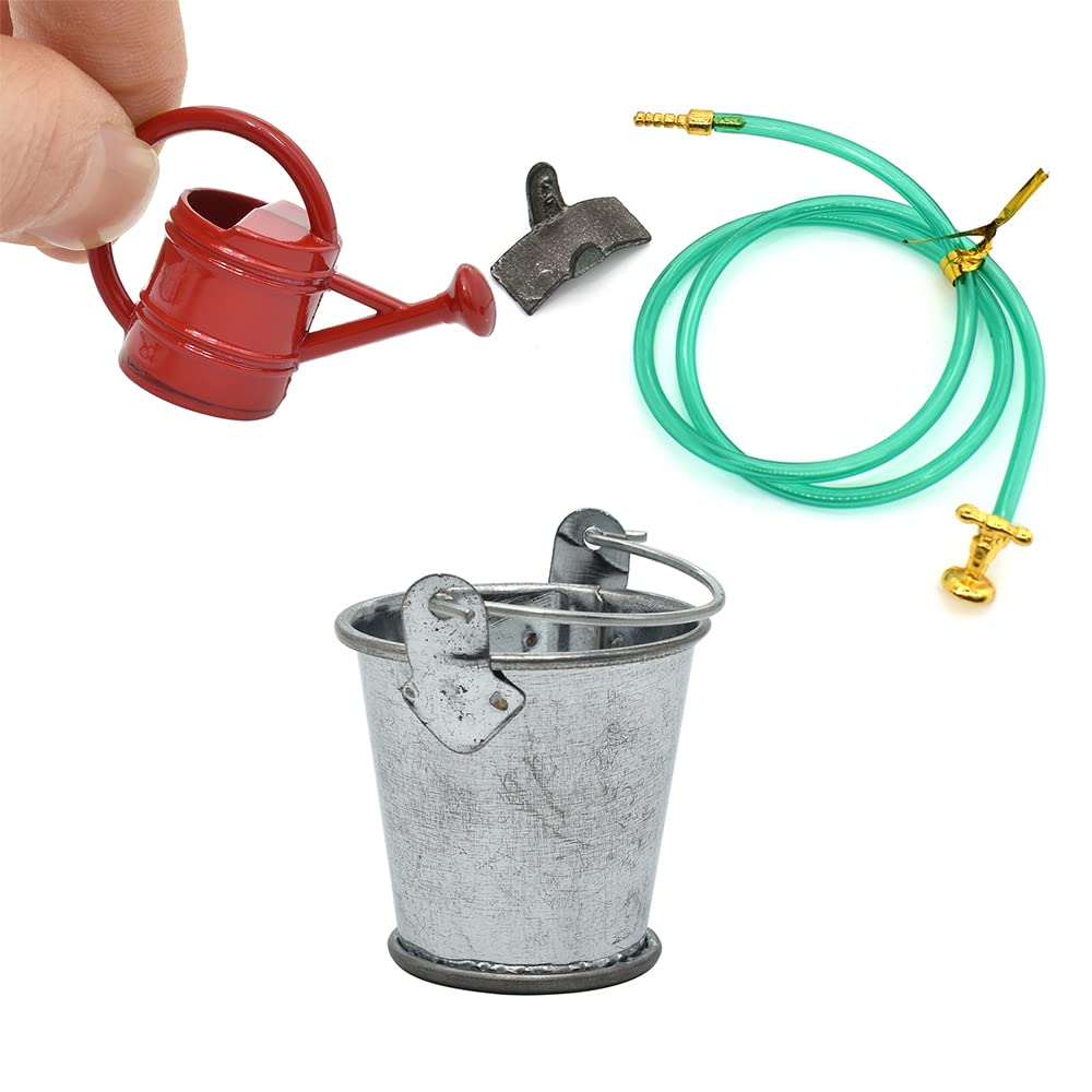 iland Dollhouse Accessories on 1:12 Scale, Gardening Tools Pack of Mini Metal Pail, Watering Pot and Hose Fits Fairy Garden