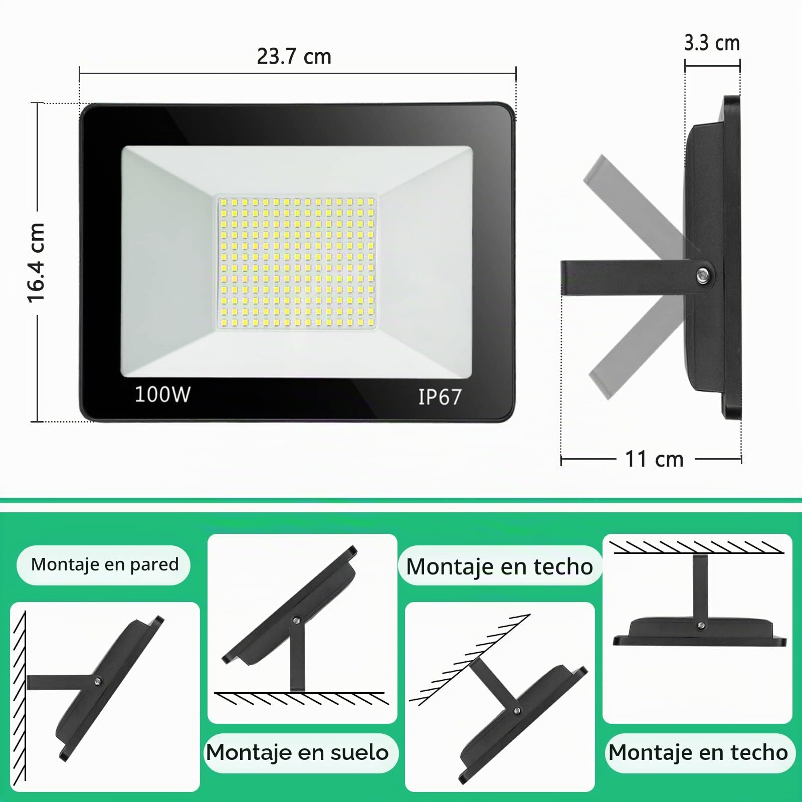 YIQIBRO Focos LED Exterior 100W 2 Piezas, IP67 Impermeable Proyector LED, 10000LM 6500K Brillante Blanco Frío Luz de Seguridad, Potente Luces Exterior para Terraza, Garaje, Jardín, Almacén, Taller