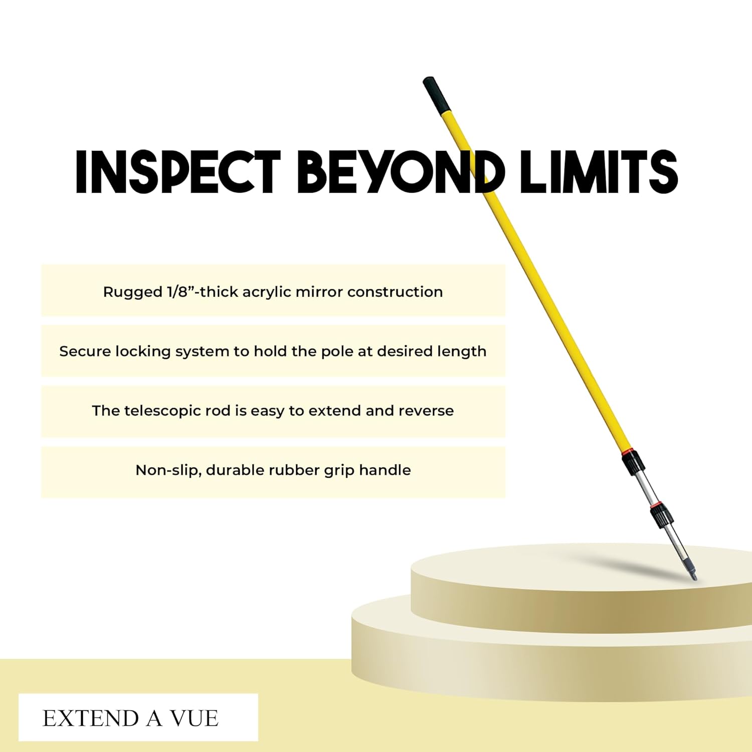 Inspection Mirror - Telescoping Heavy Duty, Lightweight & Durable, 4 ft - 12 ft Pole, 8 x 10 inch Acrylic Mirror