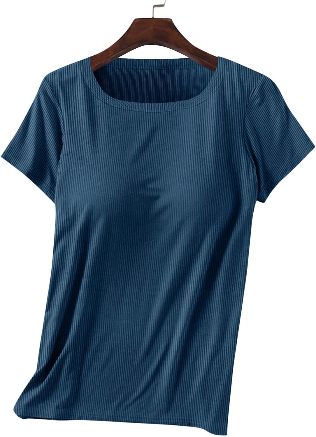 Womens Short Sleeve Shirts with Built in Bra Summer Basic T-Shirts Workout Yoga Tops Athletic Plus Size Crew Neck Top
