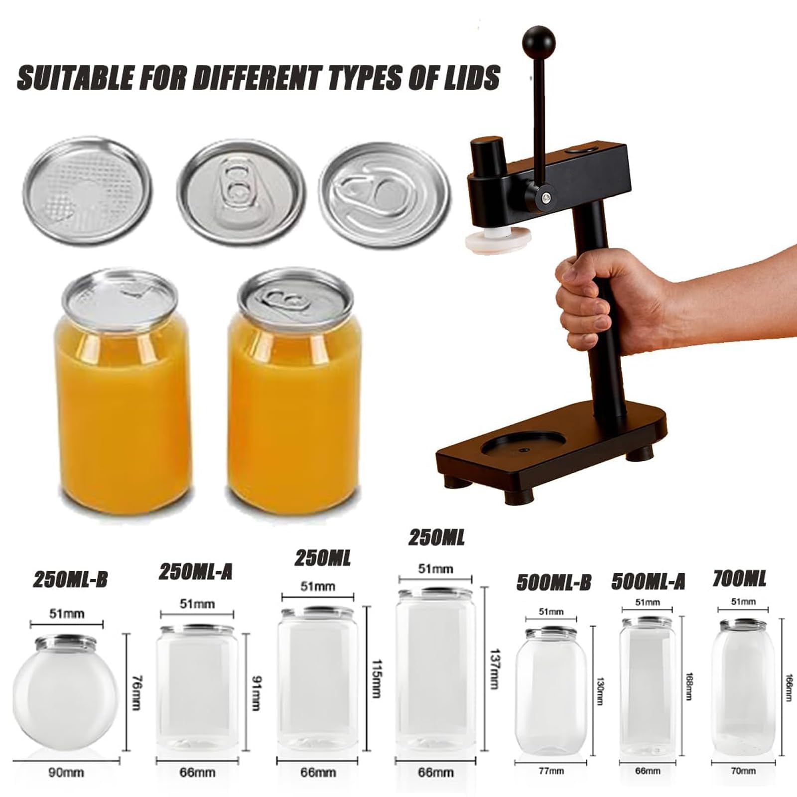 Máquina selladora manual de botellas, abridor de tarros de mascotas con manivela para cerveza, jugo, café, base antideslizante de altura ajustable, herramienta portátil de aleación de aluminio para