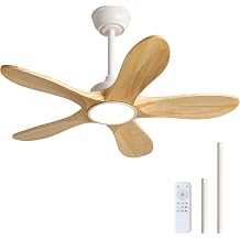 36 Inch White Ceiling Fans with Lights and Remote Control, 5 Blade Natural Wood Ceiling Fan with Light, Modern Indoor Outdoor Ceiling Fan for Porch Kitchen, Dimmable, Reversible, Memory Function