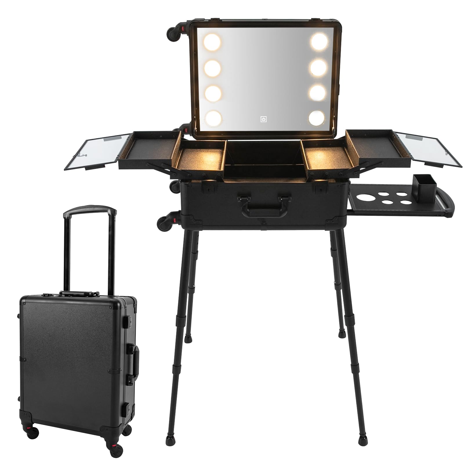 Kosmetikkoffer Trolley mit 8 Beleuchtung - Kosmetikkoffer Groß mit Spiegel Make up Koffer Verstellbare Beinhöhe Schminkkoffer mit Rollen Friseurkoffer (Schwarz)