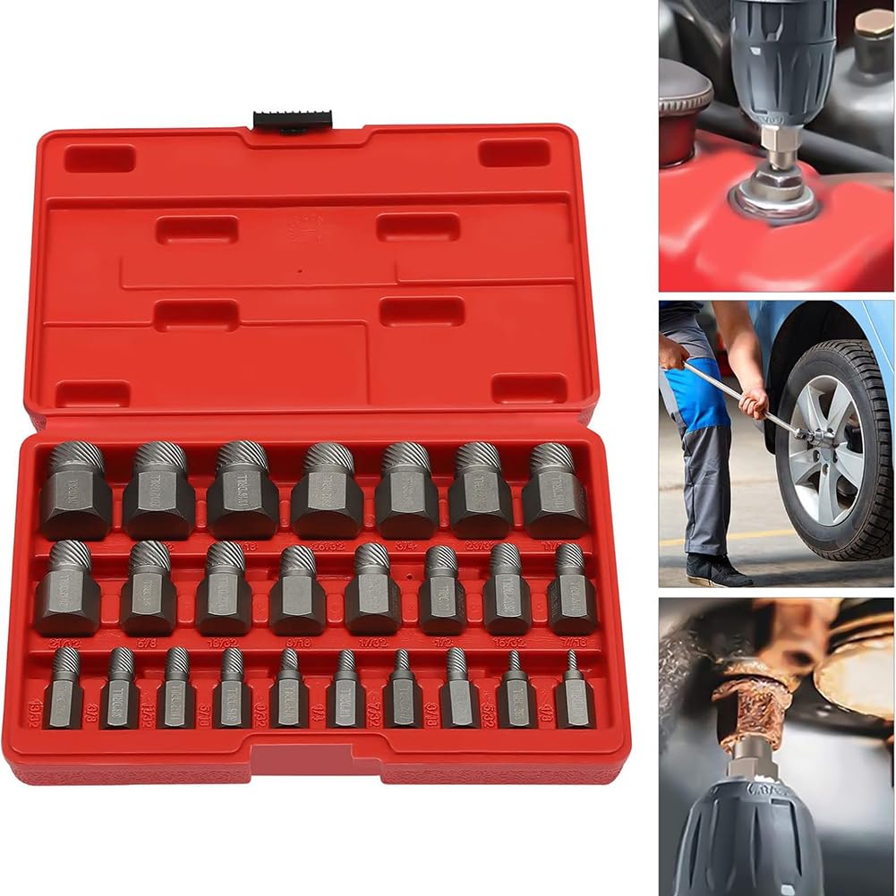 Gertrude 25Pz. Set di Estrattori A Vite Acciaio Efficiente Testa Esagonale Multi Scanalatura Vite Set di Estrattori Spanata Impatto Estrattore di Bulloni per Bulloni, Dadi, Viti Black,One Size