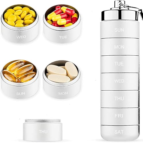Miniatura 4 de Organizador semanal de píldoras de metal a prueba de humedad, almacenamiento de aleación de aluminio, para viajes, senderismo, 7 días, compartimento