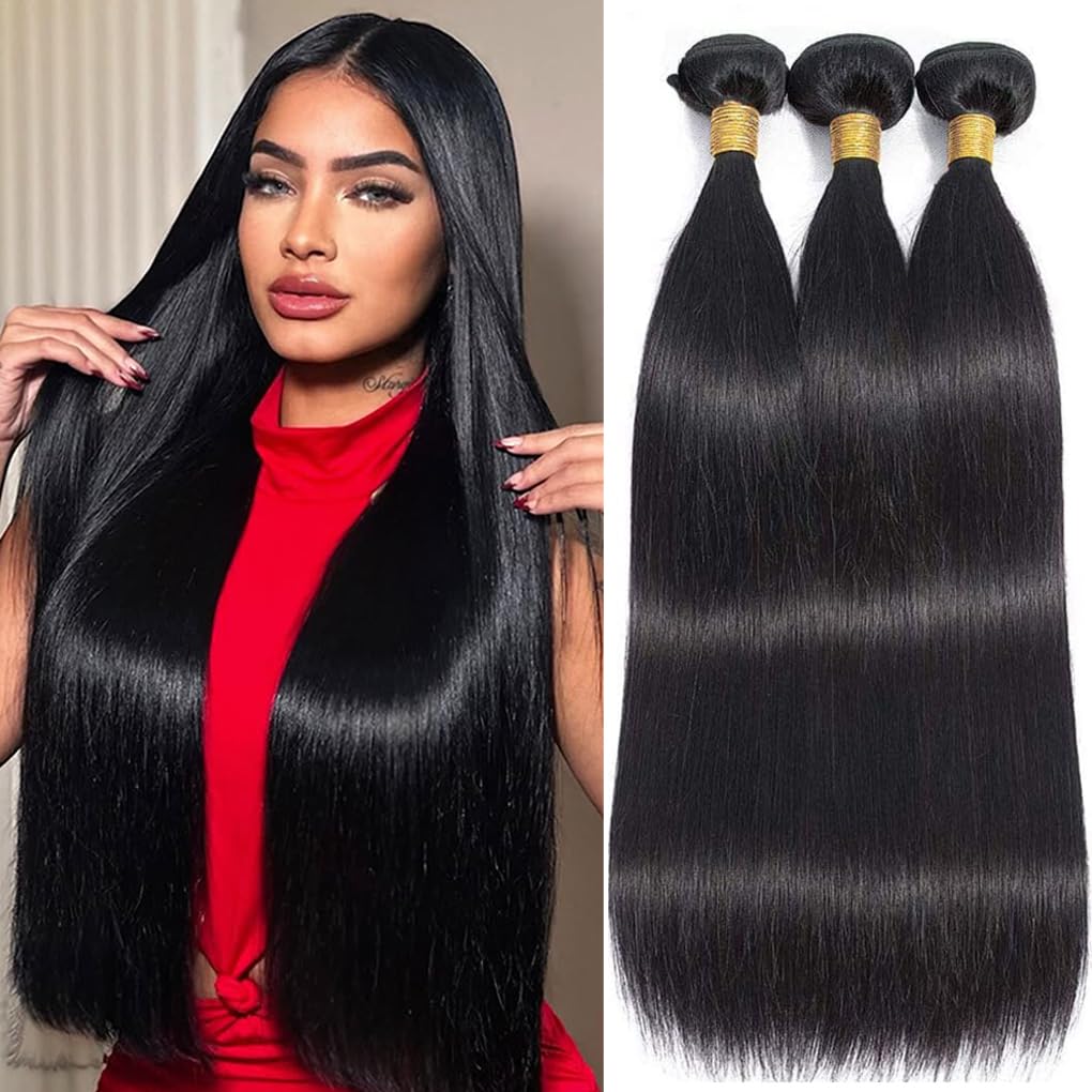 12A Brazilian Straight Bundles Human Hair 18 20 22 Inches, 100% Unprocessed Virgin Human Hair Bundles Straight for Women, Sew In Bundles Quick Weave Hair Extensions, 300g/Pack, Natural Black
