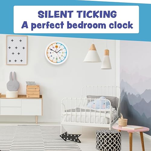 Miniatura 6 de Amonev Time Teacher Clock Reloj de pared silencioso para niños, reloj fácil de leer con movimiento sin tictac. Enseñe a los niños cómo leer un reloj