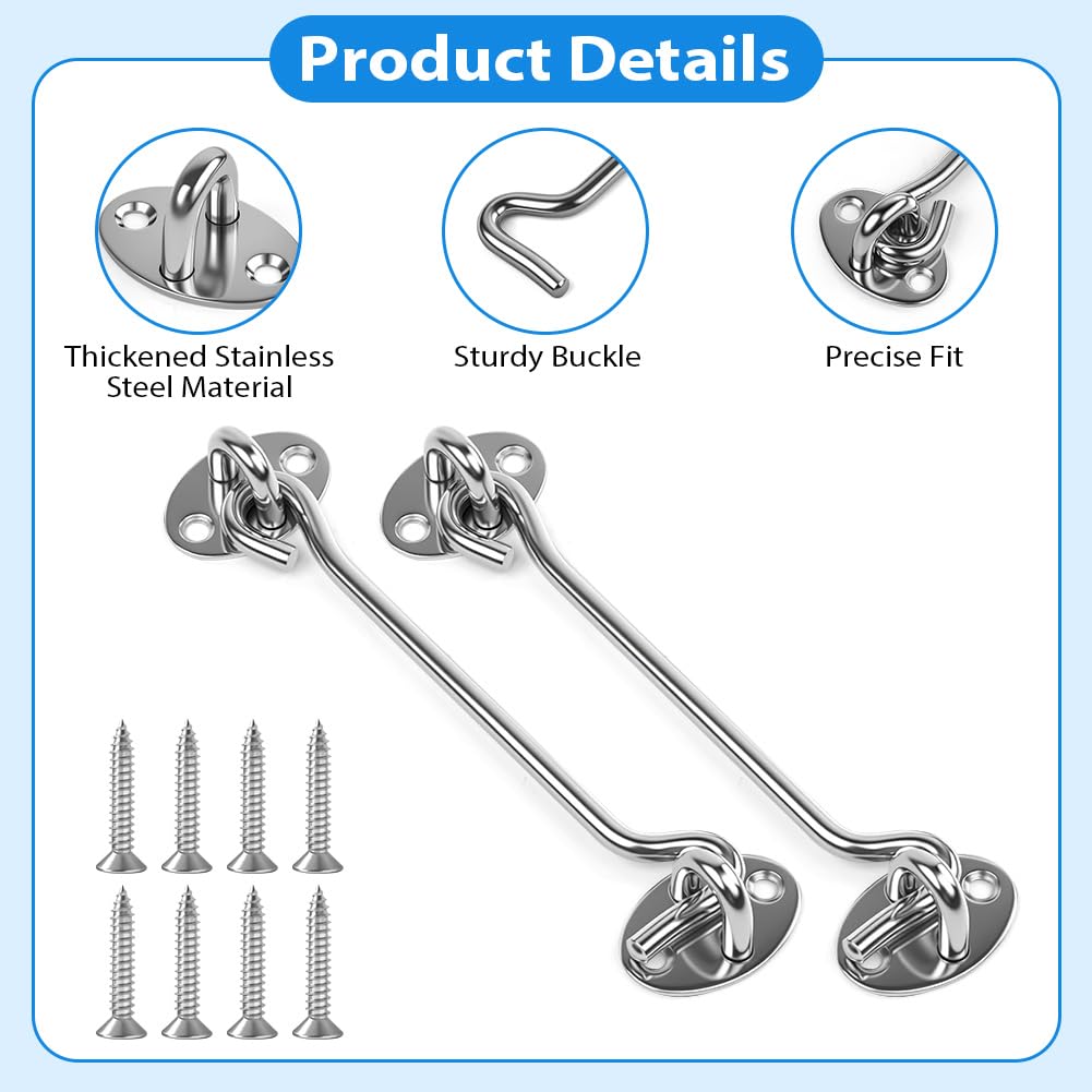 vsshe Hook and Eye Latch 2 Pack, 6 Inch Stainless Steel Door Hooks, with 8 Mounting Screws, Cabin Hook - Image 3