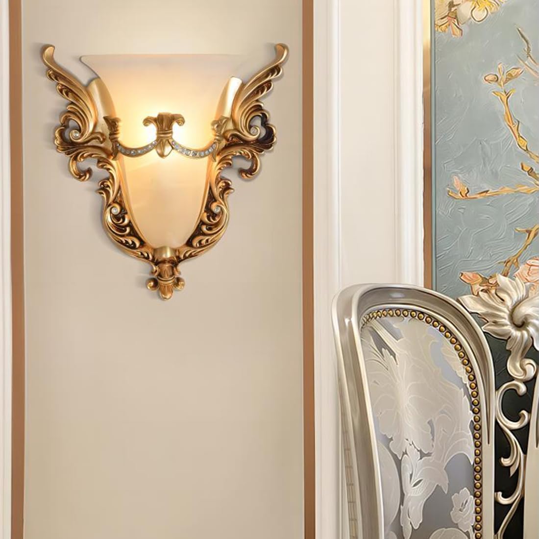 Glass Wall Sconce 1-Light Vintage Gold Wall Sconce with Frosted Glass Shade Resin Angel Wings Style Unique Wall Lamp Antique Modern Wall Light for Living Room Hallway Bedside (Gold)