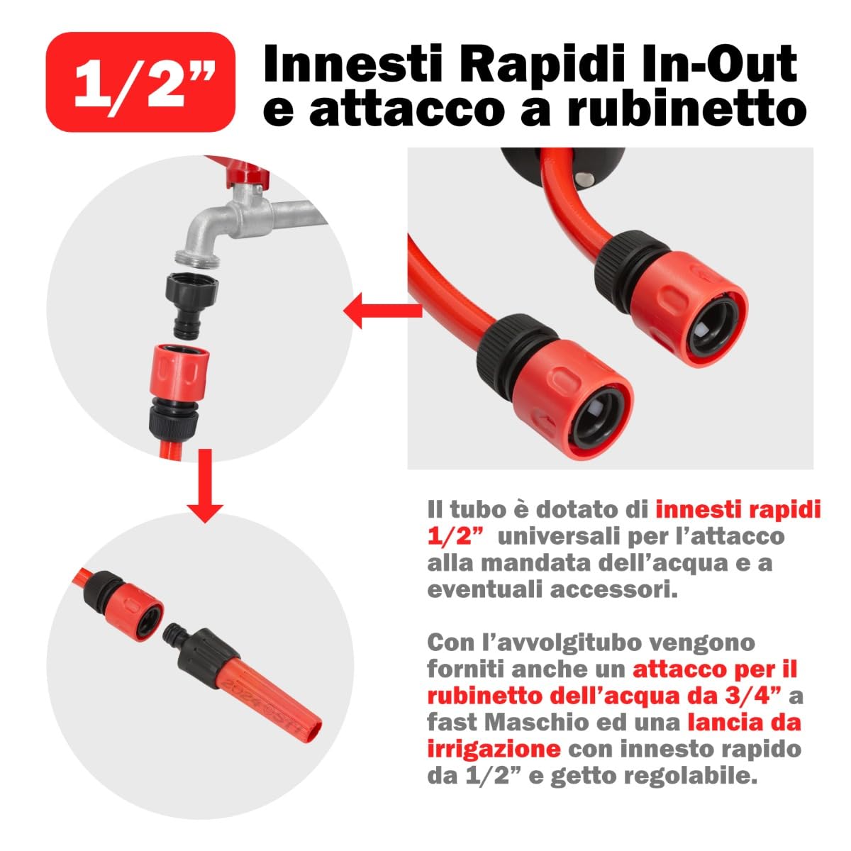 STI Avvolgitubo automatico da Giardino 20m da Parete con Box e fissaggio a parete Tubo acqua PVC 3 strati 1/2" irrigazione da muro girevole 180°, con lancia e attacchi rapidi