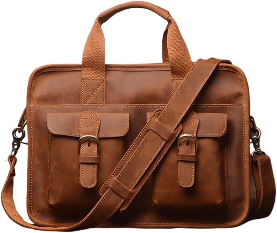 Vintage Men Briefcase Man Handbag Shoulder Genuine Leather Bags Brown Business 14 Inch Laptop Bag