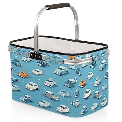 Kizmoglux Travel Car Blue Collapsible Market Basket, Foldable Picnic Basket - Large Shopping Basket with Handles, Portable Folding Bag for Shopping Camping Picnic