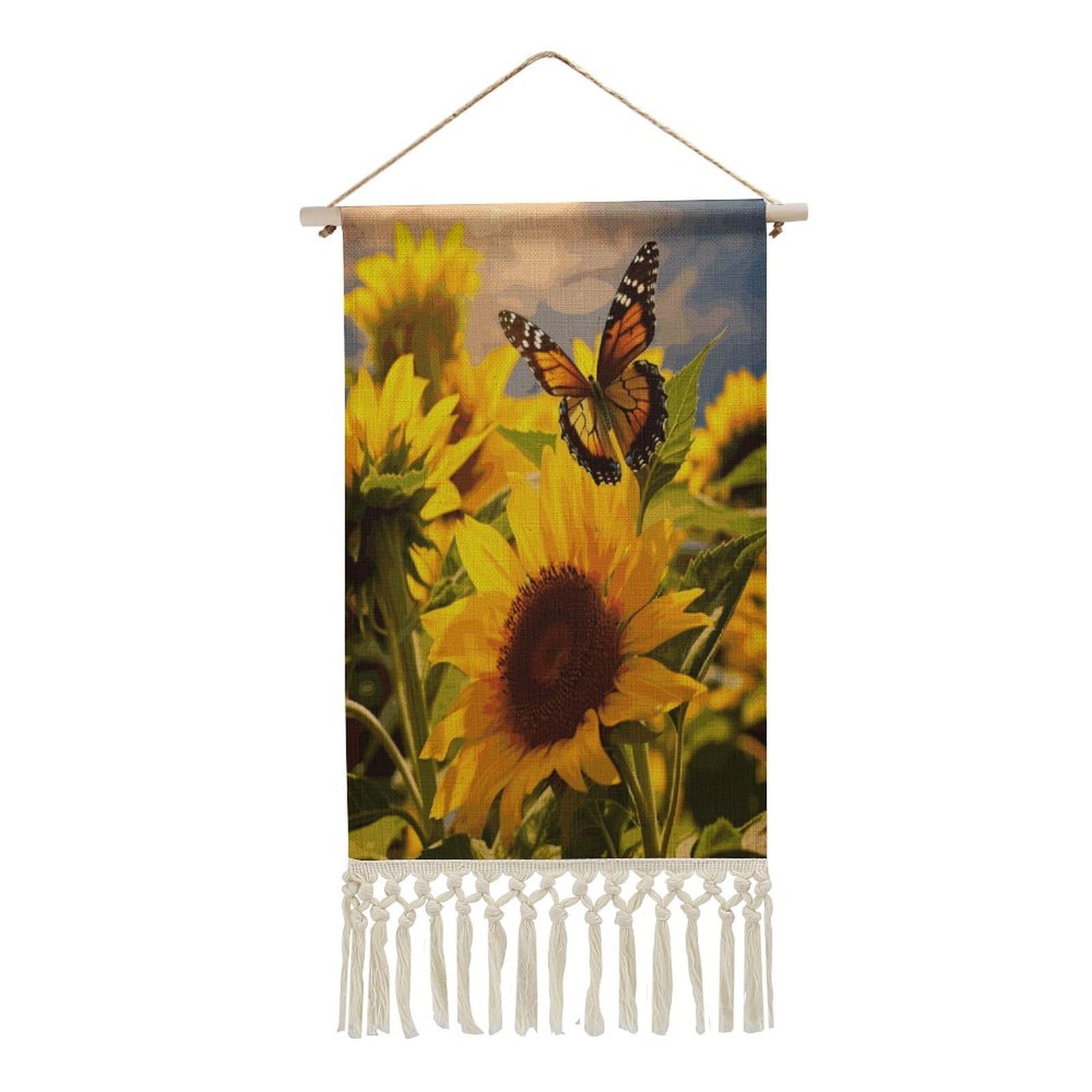 Adfgyerh Style Sunflower Butterfly Tapestry With Tassels Cotton And Linen Hanging Posters, Wall Art For Travel Gift, Wall Tapestry For Office Home Decor Bedroom Living Room Decor