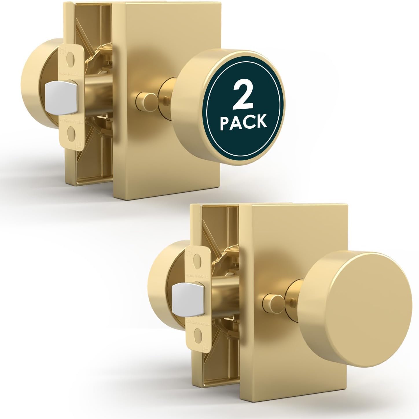 Mega Handles Laura Gold Privacy Door Knob - 2 Pack Reversible Interior Gold Door Knob, Heavy Duty Bed and Bath Door Knobs with Privacy Lock, Fits All Standard Door Sizes - Satin Brass