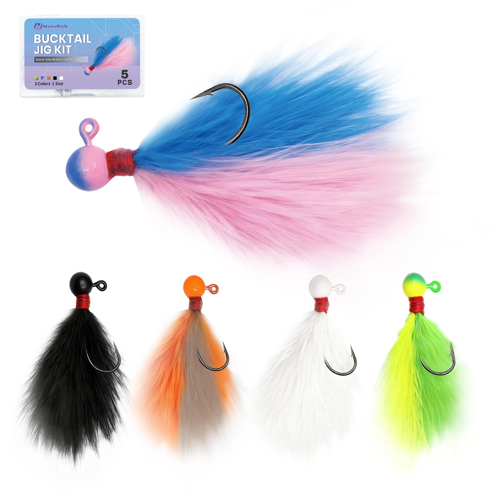 5pcs Mixed-Color Crappie Fishing Jigs Kit, Hand-Tied Marabou Jigs for Trout Magne, 1/64-1/4oz, Fresh/Saltwater Lures for Trout, Bass, Crappie & Walleye