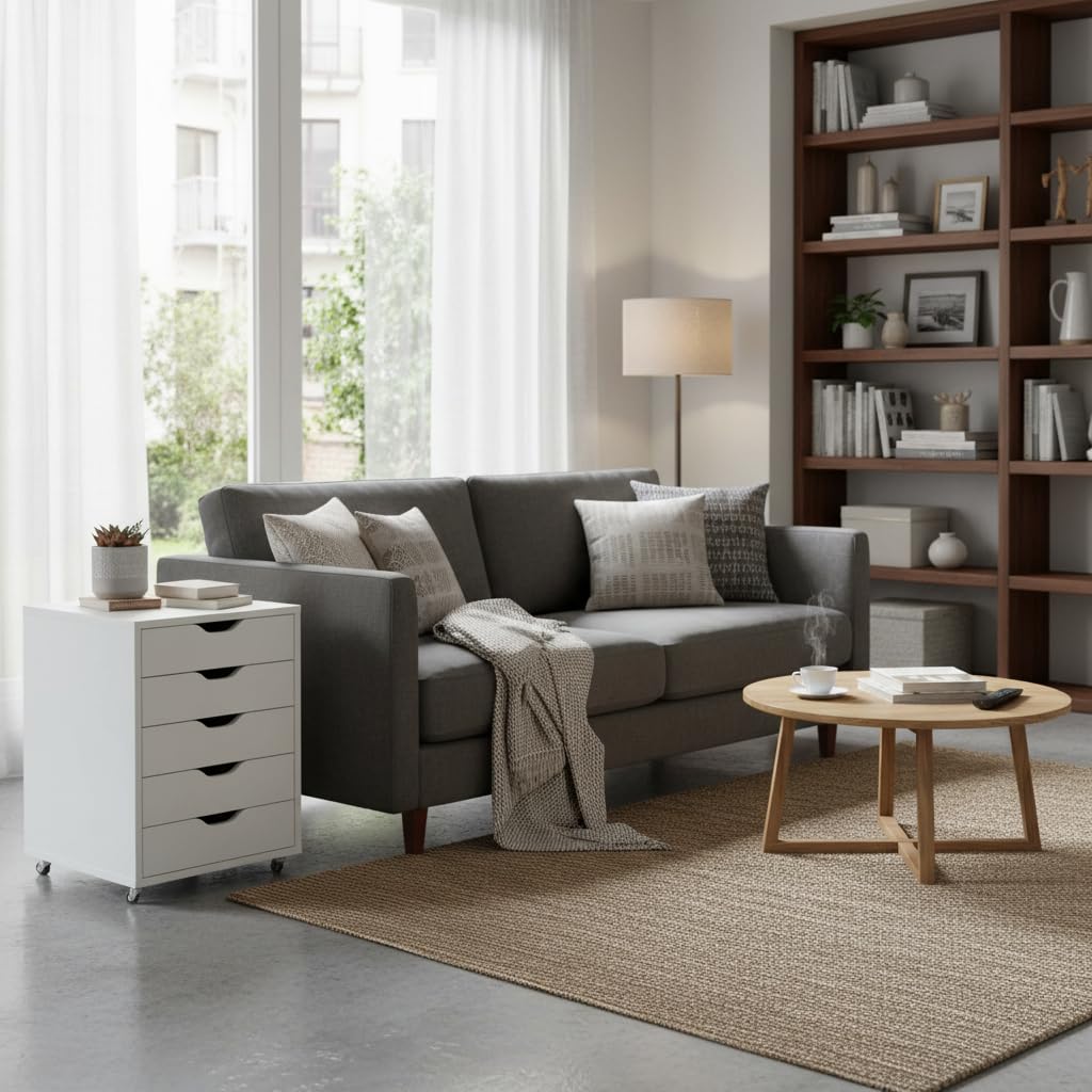 leomark Cajonera movil con Ruedas 5 cajones Mueble Oficina Escritorio almacenaje Documentos Accesorios Organizador despacho Estudio casa Robusto practico MDF Blanco Altura 64 cm Compacto Moderno