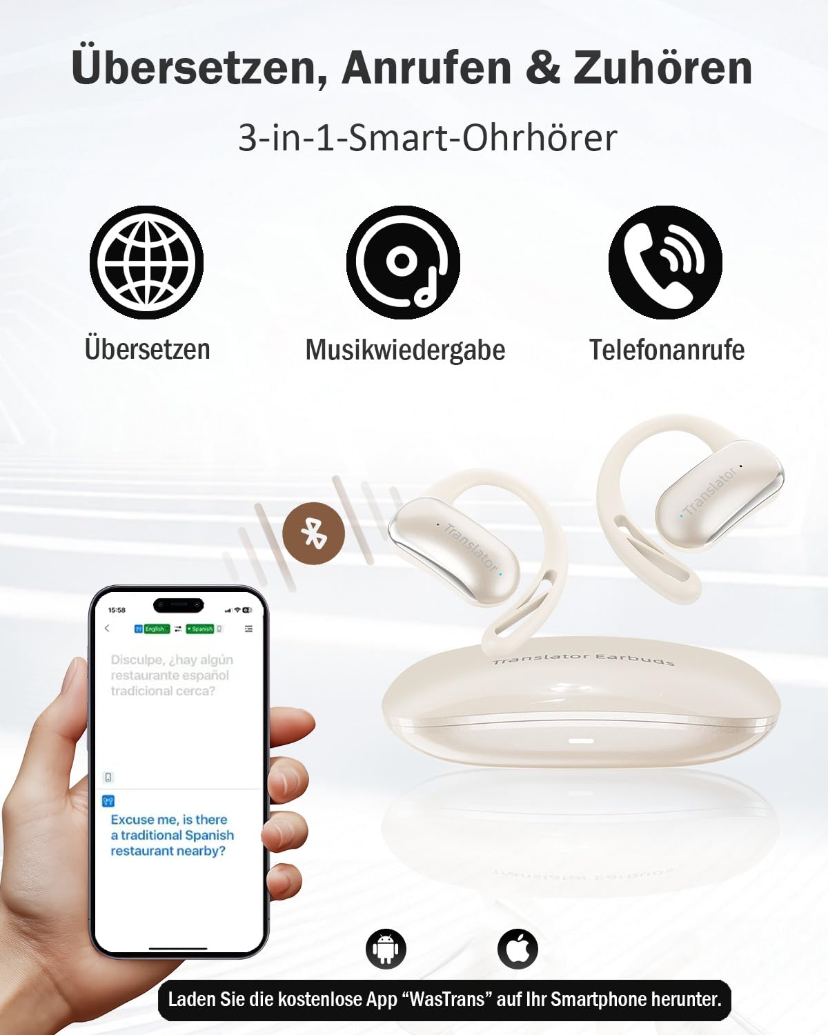 KI Übersetzer Kopfhörer Ohne Internet, 3-in-1 Echtzeit Sprachübersetzer mit 144 Online & 11 Offline Sprachen, Bluetooth 5.4, Ladecase, Beige